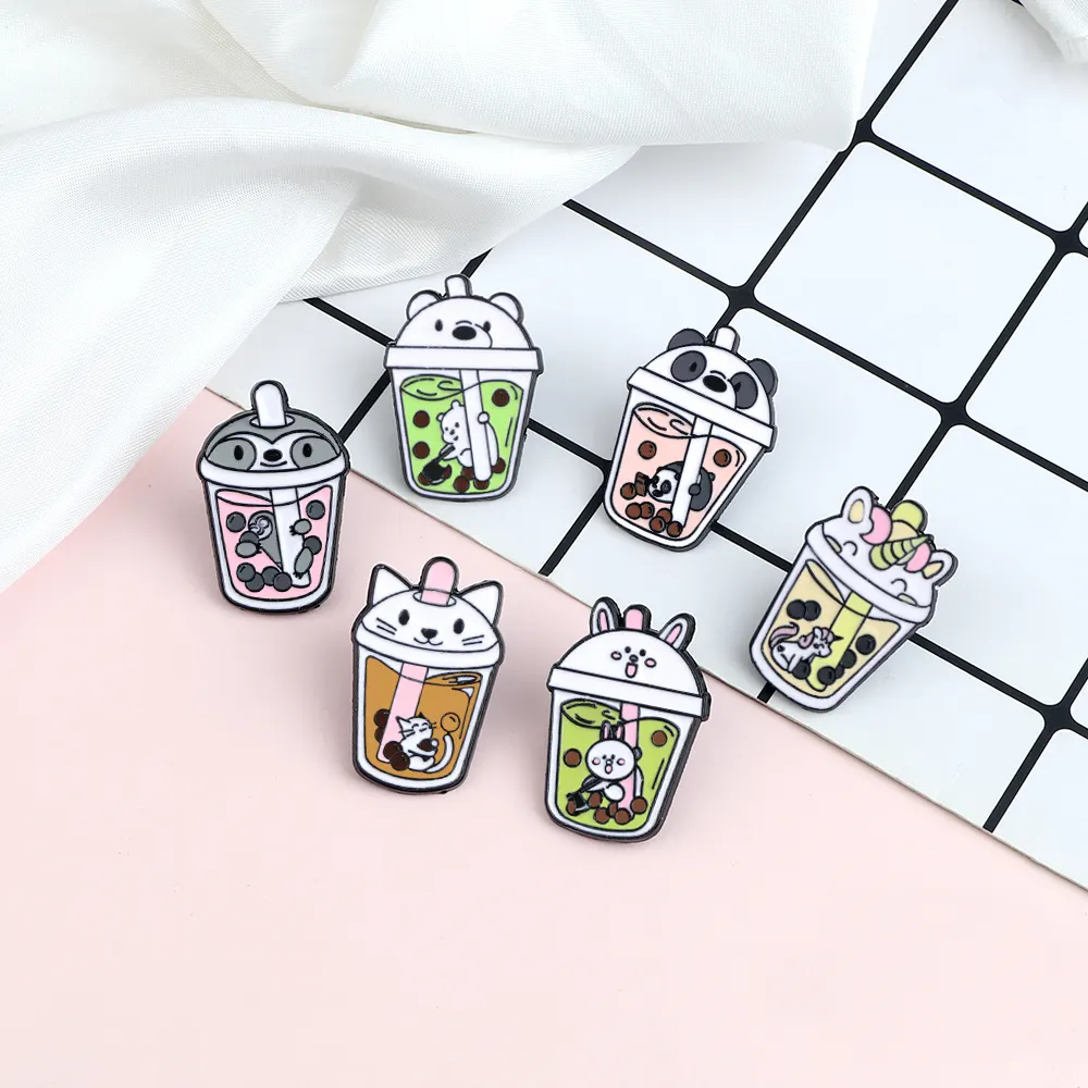 New Animal Boba Tea Enamel Pin Cute Panda Rabbit Cat Bear Cup Brooches High Quality Woman Lapel Pin Badges Jewelry Gift