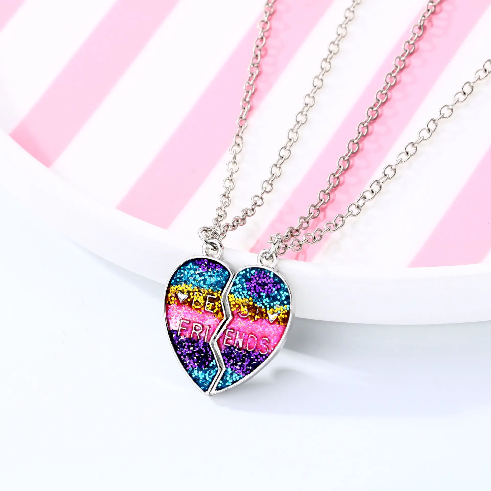 2 pz/set Fashion New Design Rainbow Glitter smalto magnete gioielli per bambini Best Friend Two Heart Pendent Necklace