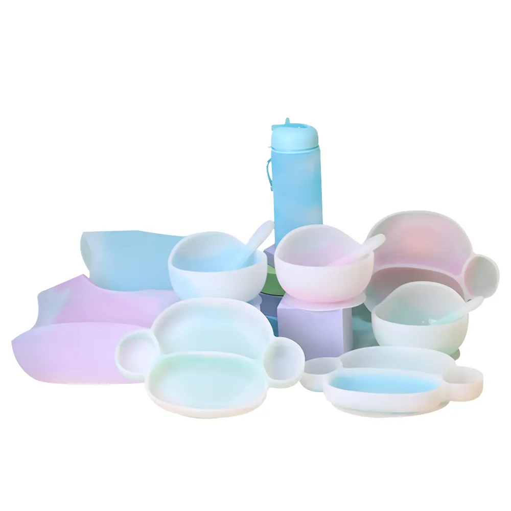 Plato de silicona personalizado para bebé, juego de platos de cena sin BPA, vajilla para niños, plato de Sol de succión dividida, juego de alimentación de bebé de silicona