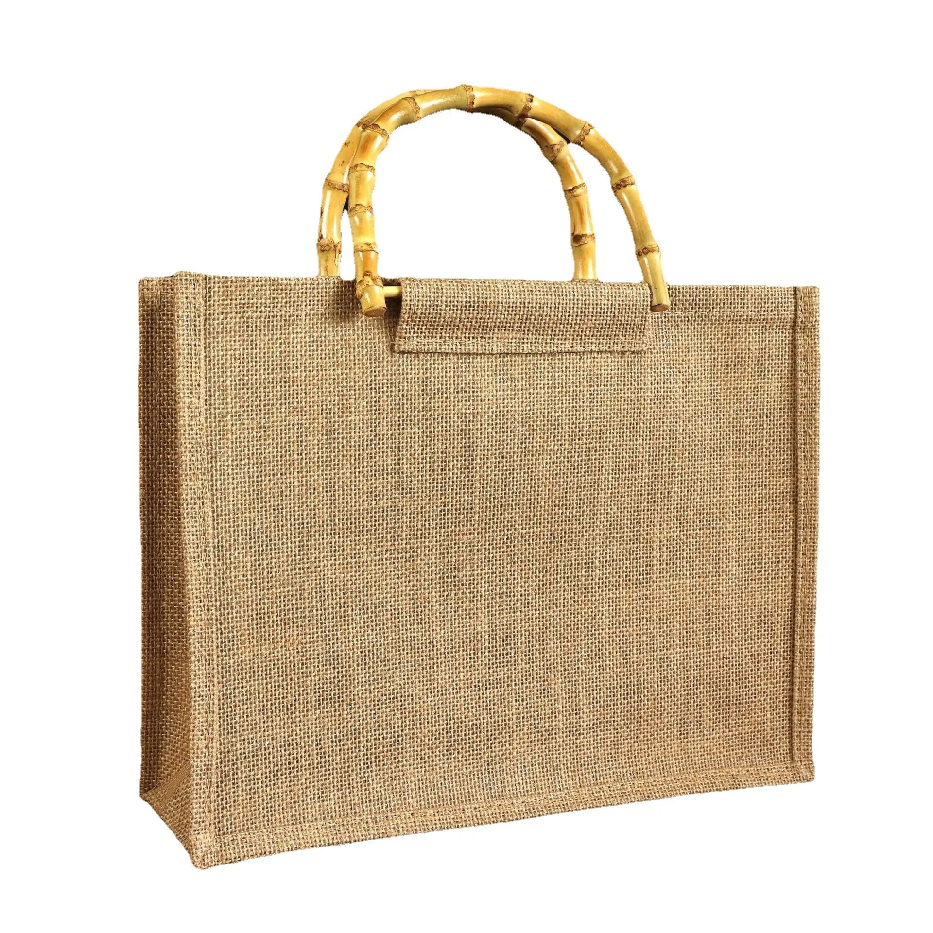 Logo personnalisé imprimé Eco réutilisable chanvre Shopping fourre-tout toile de jute sac avec poignée en bambou