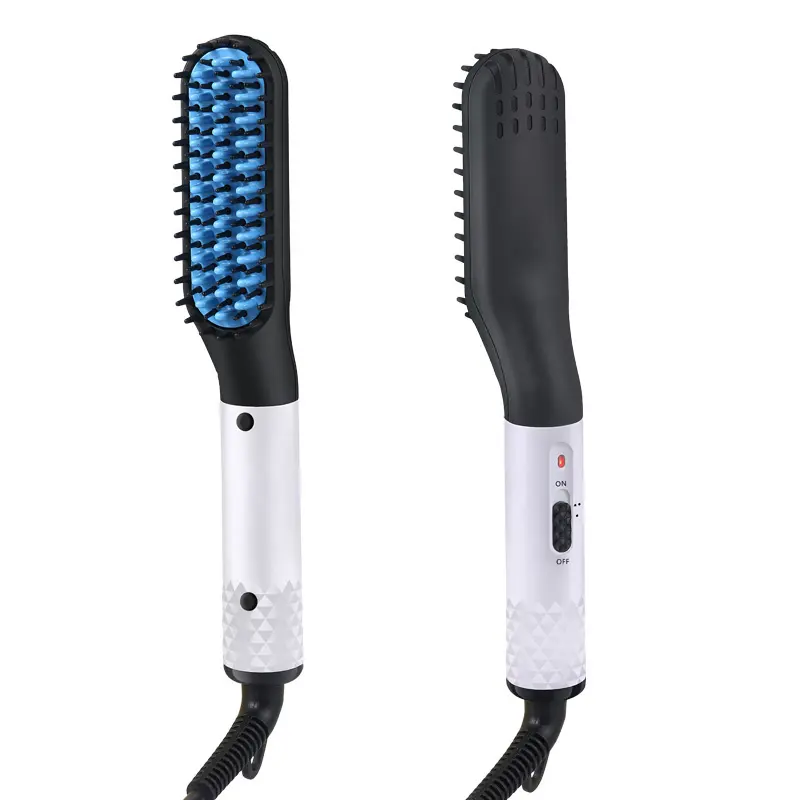 Peine alisador iónico para hombre, alisador de pelo y barba eléctrico de calentamiento rápido, pequeño, blanco, dorado y azul