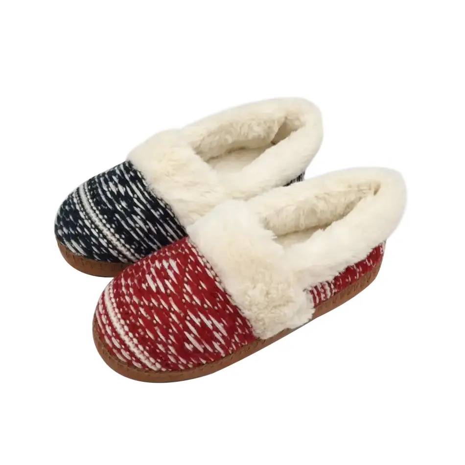Slippers manufacturers female new model knit upper fuzzy flat slippers women's slippers