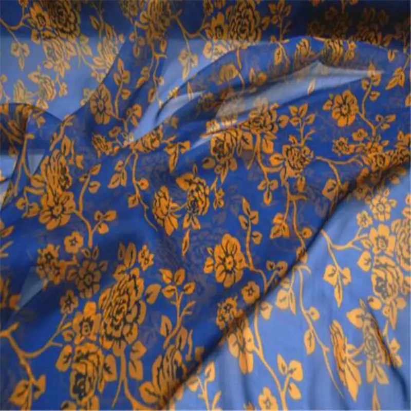 2024 élégant couleur bleue lisse 100% tissu en mousseline de soie pure avec motif de mode pour robe de printemps fille