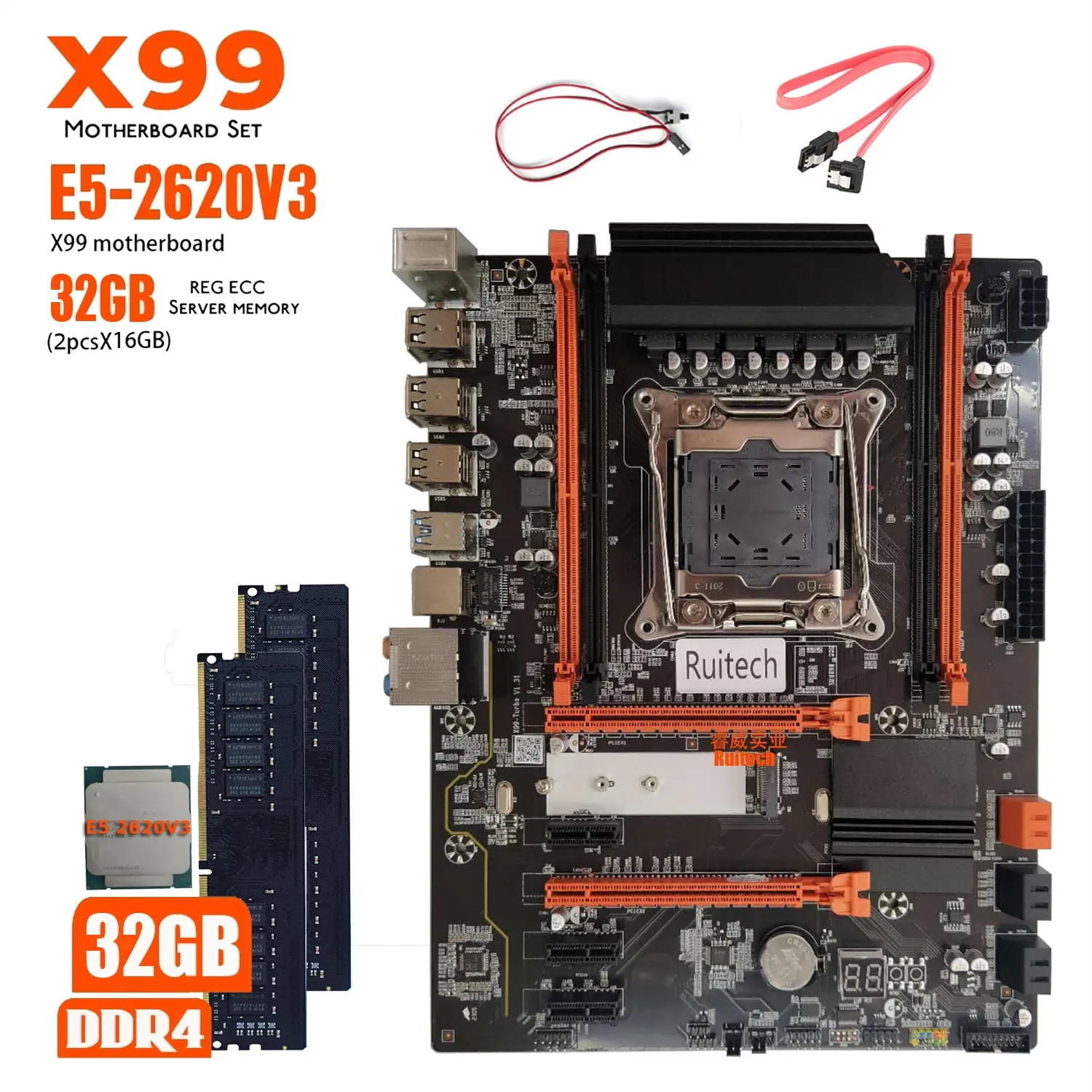 Kit de ordenador de escritorio con xeon X99, placa base combo LGA 2011-3 E5 2620 V3 CPU 8 32G = 2*16G 2400MHz, juego de memoria DDR4