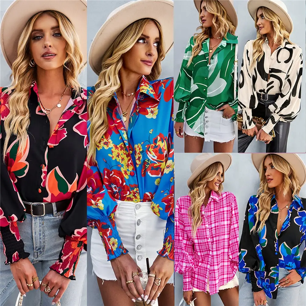 New Fall 2023 2024 Women Clothes Lantern Long Sleeved Elegant Office Lady Tops Floral Shirts Womens Blouses & Shirts
