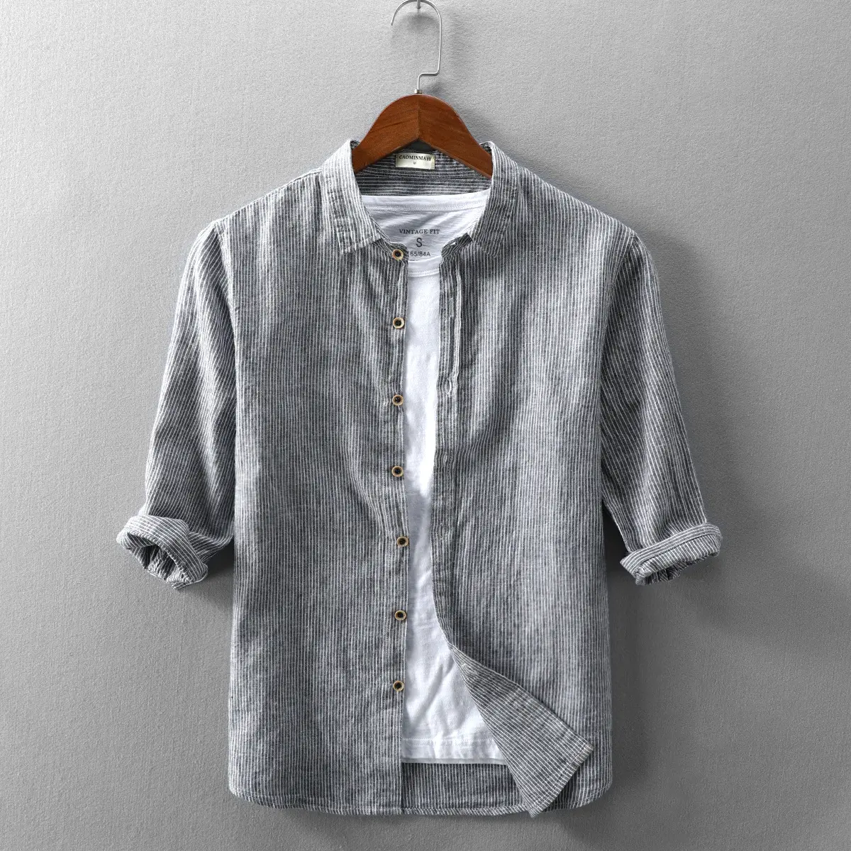 Personalizado elegante Slim Fit lapela colarinho linho Casual camisa de manga curta camisa listrada masculina