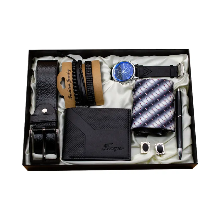 Promozione scatola regalo uomo compleanno 7 pezzi scatola regalo nero orologio braccialetto cravatta penna gemelli cintura Set per uomo