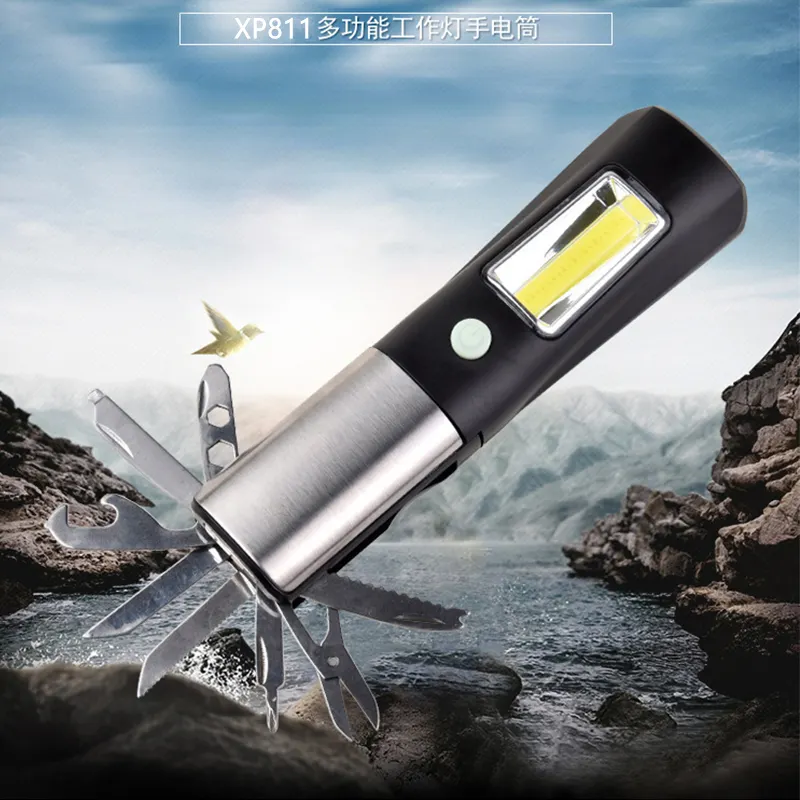 8 In 1 Multi-Tools LED Arbeits fackel Licht Edelstahl Taschen messer Werkzeug Outdoor Multifunktions-Notfall taschenlampe