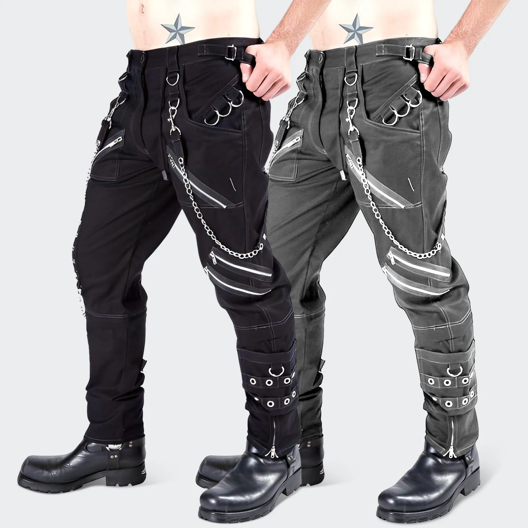 Calças cargo estilo góticas masculinas, calças casuais, punk rock, cílios tipo cargo bondage