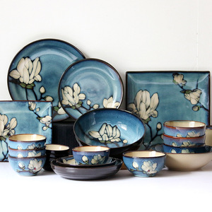 Factory Wholesale Magnolia Flower Hand-painted Deep square Plate Ceramic Soup Bowl Japanese Tableware <strong>Set</strong> - Product Image 1