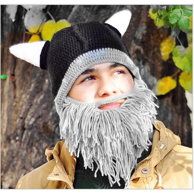 Yeni varış popüler sonbahar kış komik yaratıcı boynuz Viking sakal saçak el yapımı yün örme sakal şapka