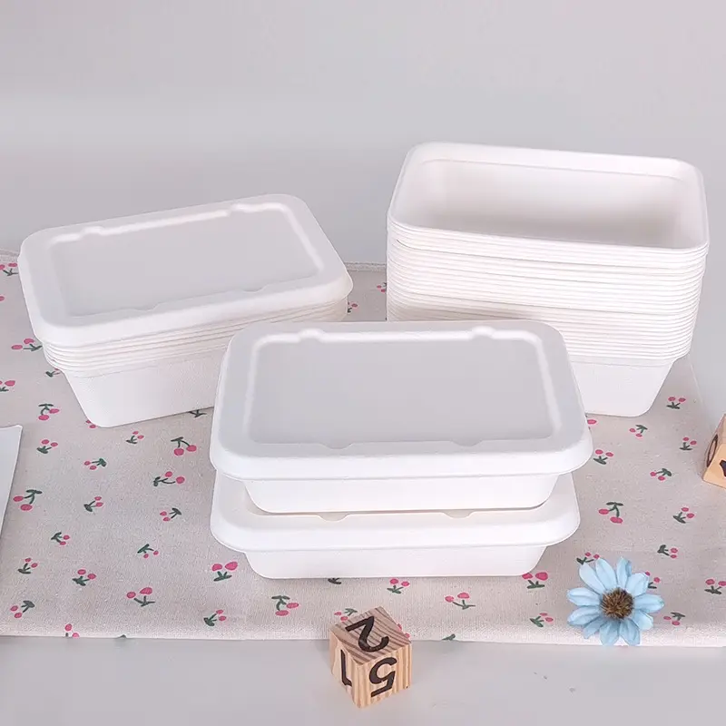 biodegradable sugar cane bagasse pulp molded tray with lid waterproof microwaveable