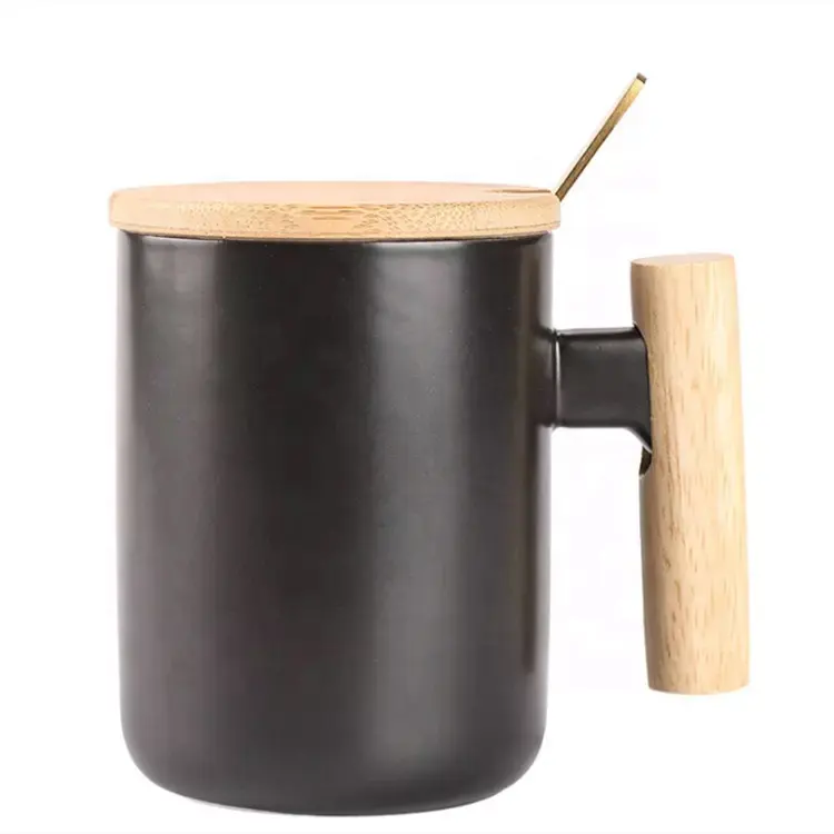 Tazza in porcellana spessa a forma di T di vendita calda con coperchio in bambù tazza da caffè in ceramica con manico in legno
