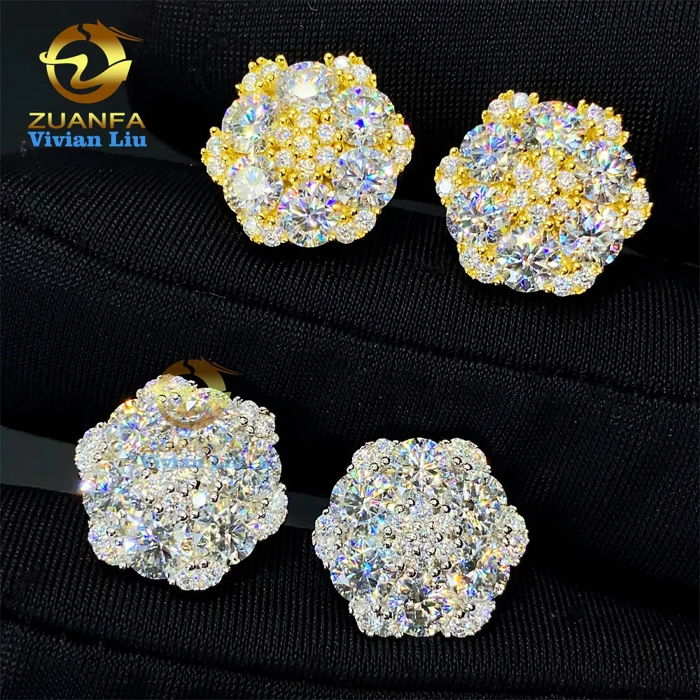 ZUANFA Jóias preço por atacado moda jóias 925 prata esterlina luxo diamante vvs moissanite homens flor brincos