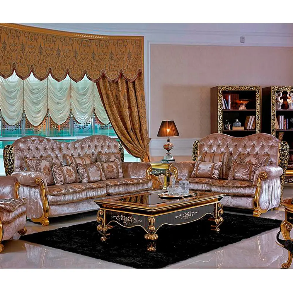 Conjunto de sofás de lujo tallados en madera, diseño clásico italiano europeo y a buen precio