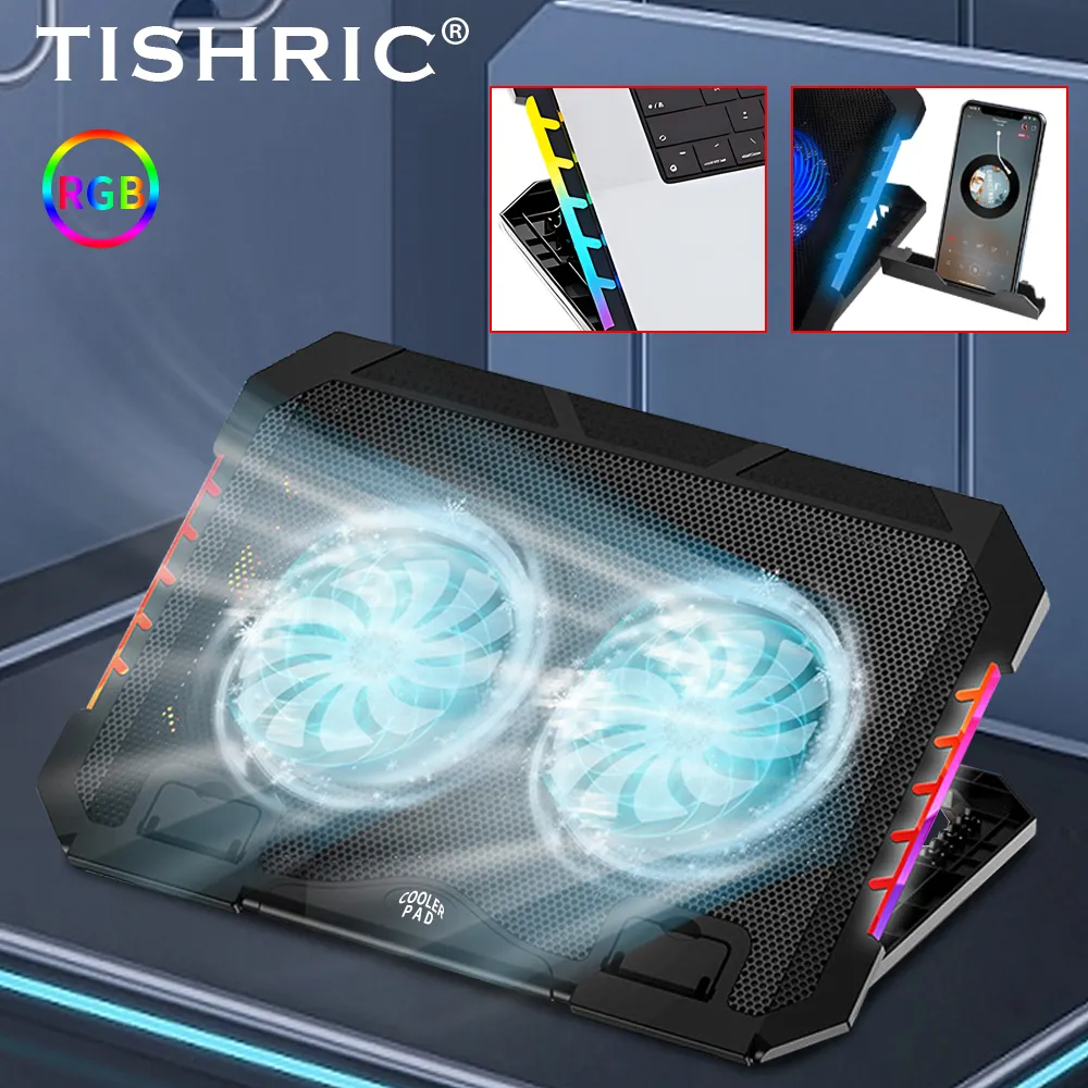 TISHRIC Laptop Cooling Pad 12-17 inch with 2 Quiet Fans RGB Adjustable 6 Height Wind Speed Laptop Cooer With Mobile Phone holder