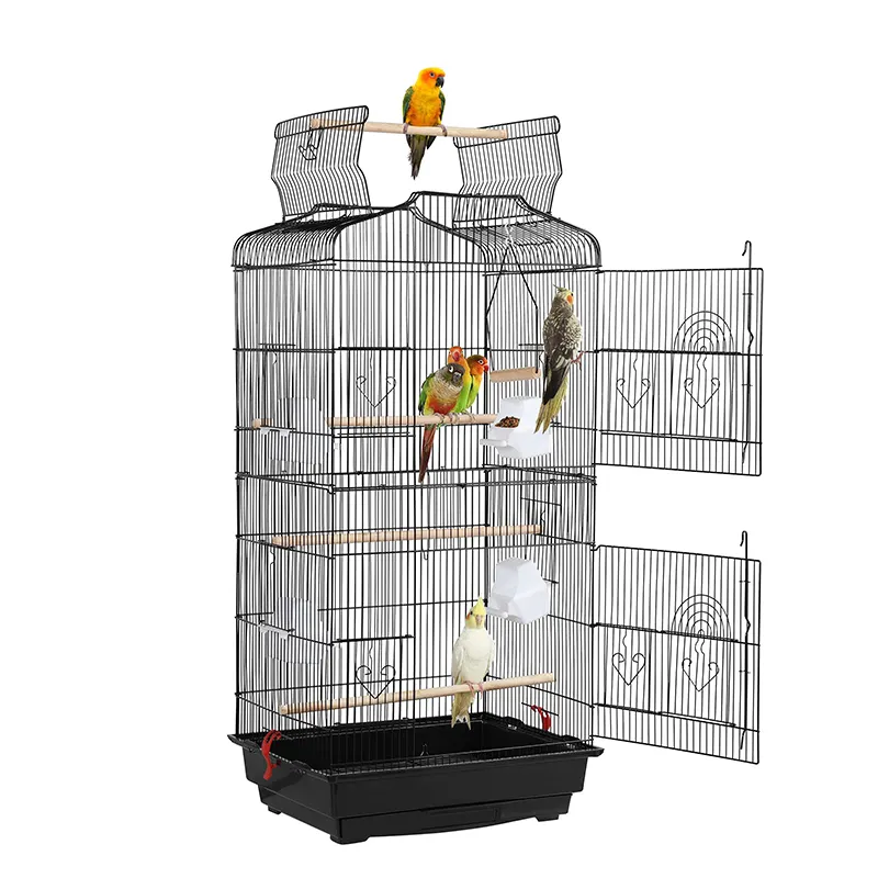 Personalizado negro al aire libre de Metal cría loro pájaro jaula grande para la venta casa de mascotas con soporte