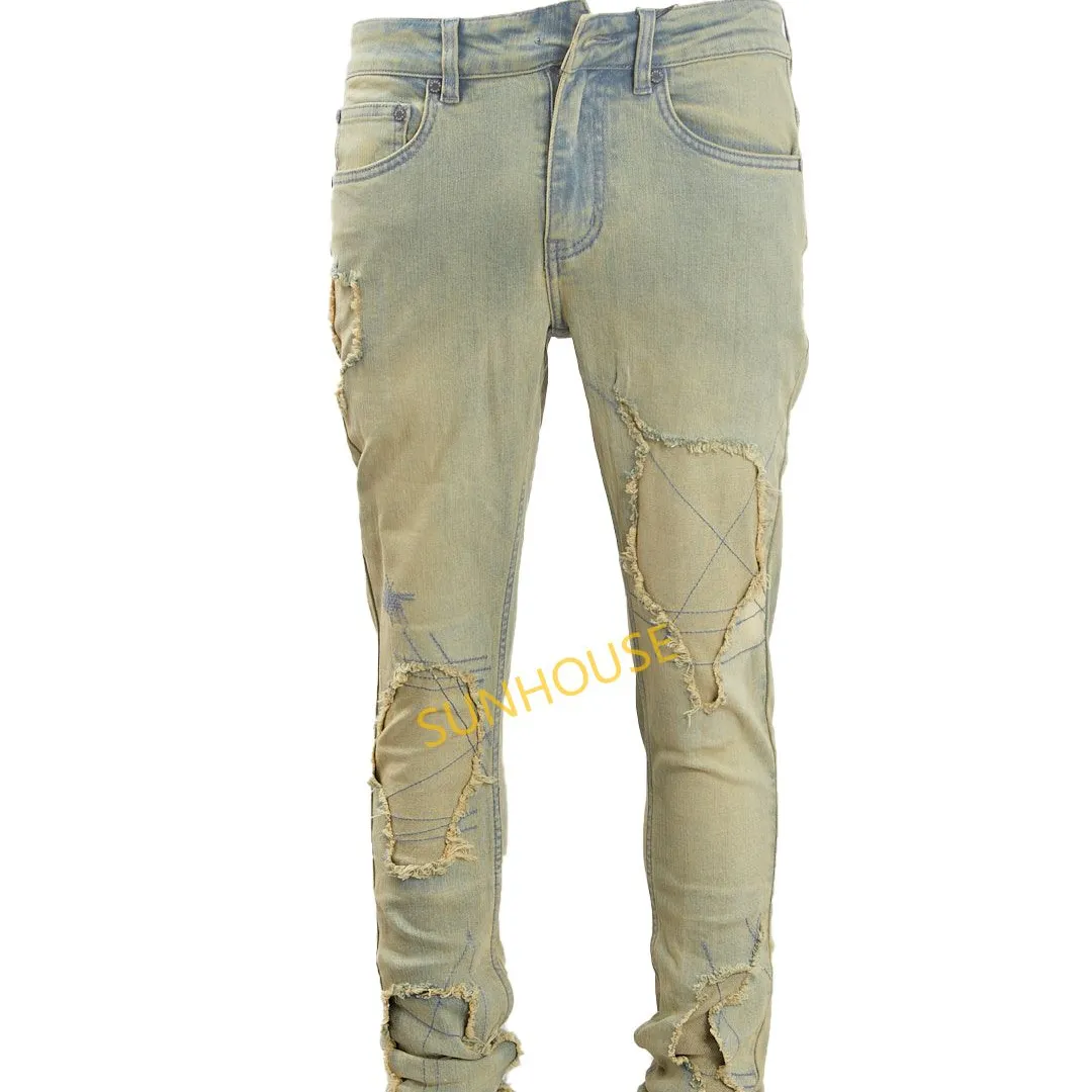 SUNHOUSE 2023 Blue ripped Collage machine stitched jeans Narrow leg stretch jeans for men jeans men streetwear