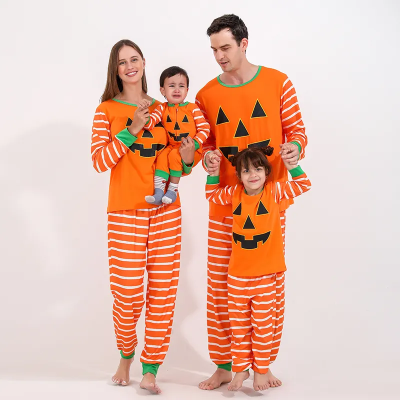 Imitar algodón transpirable manga larga padre-niño bebé Día de Todos los Santos disfraz gráfico impreso rayas naranja traje de Halloween