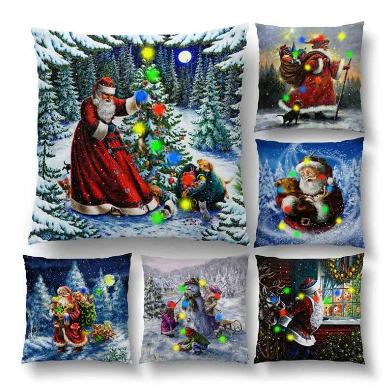 Natal Luzes De Fadas LED Pillow Covers Capa de Almofada de Poliéster Curto Pelúcia Papai Noel LED Capa de Almofada