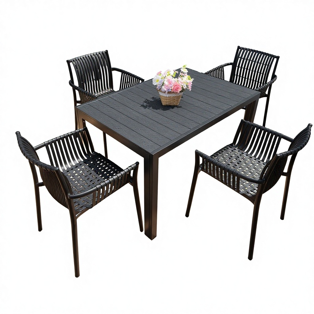 Tavolo lungo con struttura nera effetto legno, 120 cm - 4 poltrone