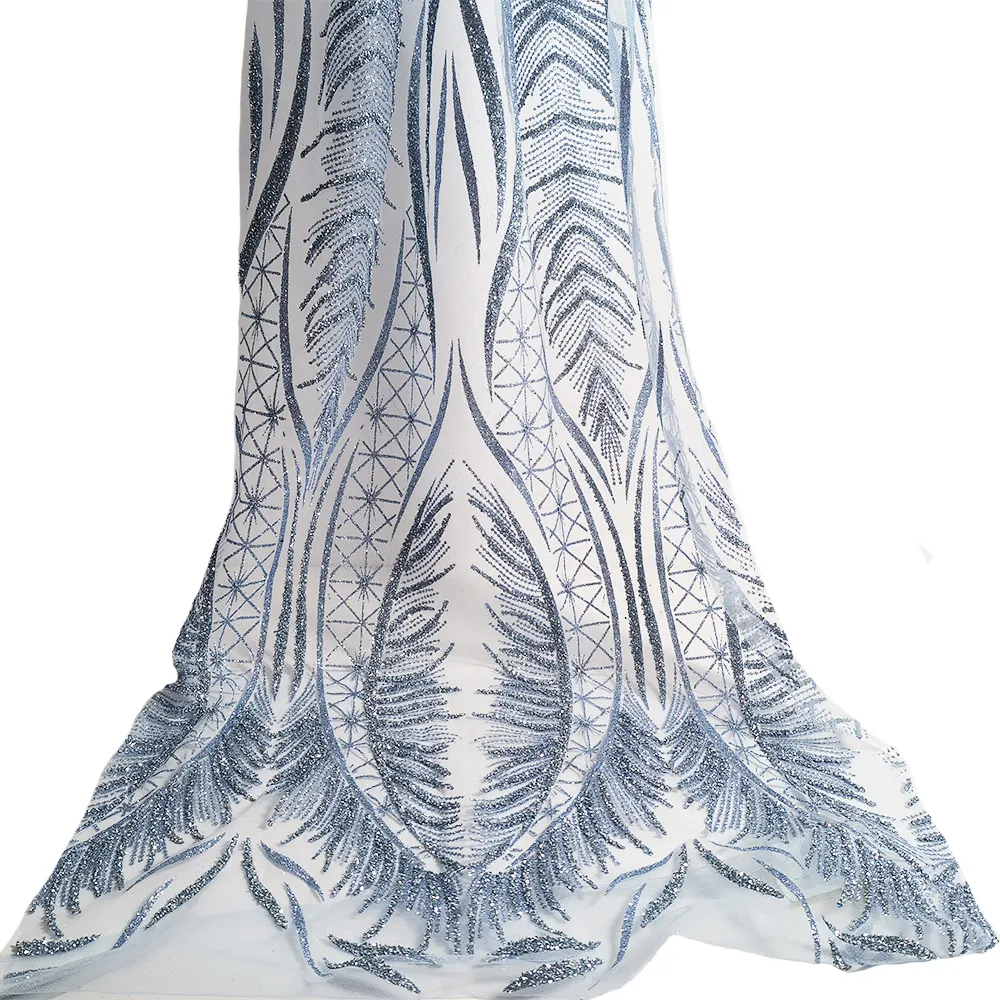 Brouillard bleu royal à motifs cristal broderie strass dentelle brillant princesse robe de bal tissu en gros