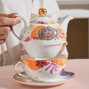 波西米亚花式图案二合一陶瓷咖啡杯茶托套装陶瓷茶壶和杯欧洲茶具 - Product Image 3