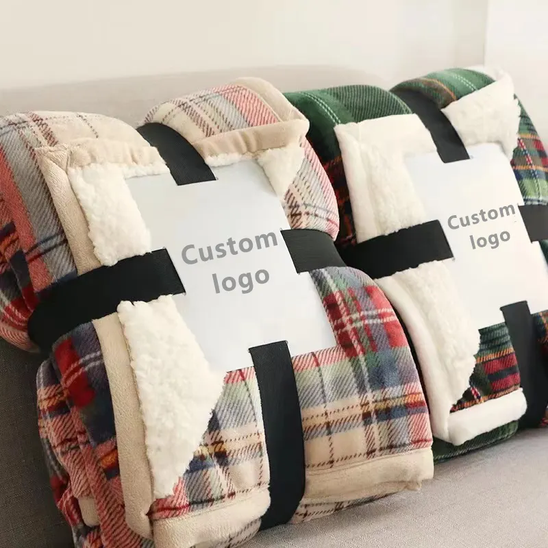 Novo Design Vermelho Verde Tartan Lã Cobertor De Natal Lance colocado Impressão 2 Ply Flanela Sherpa Cobertor De Lã