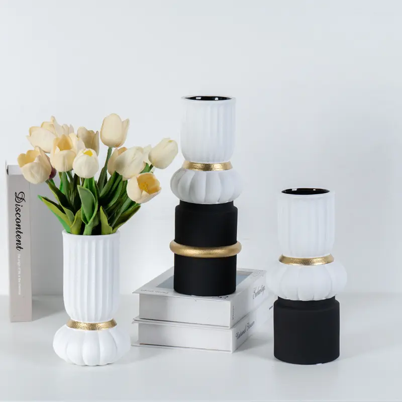 Florero con incrustaciones de oro nórdico para decoración, florero de cerámica de cilindro blanco liso moderno