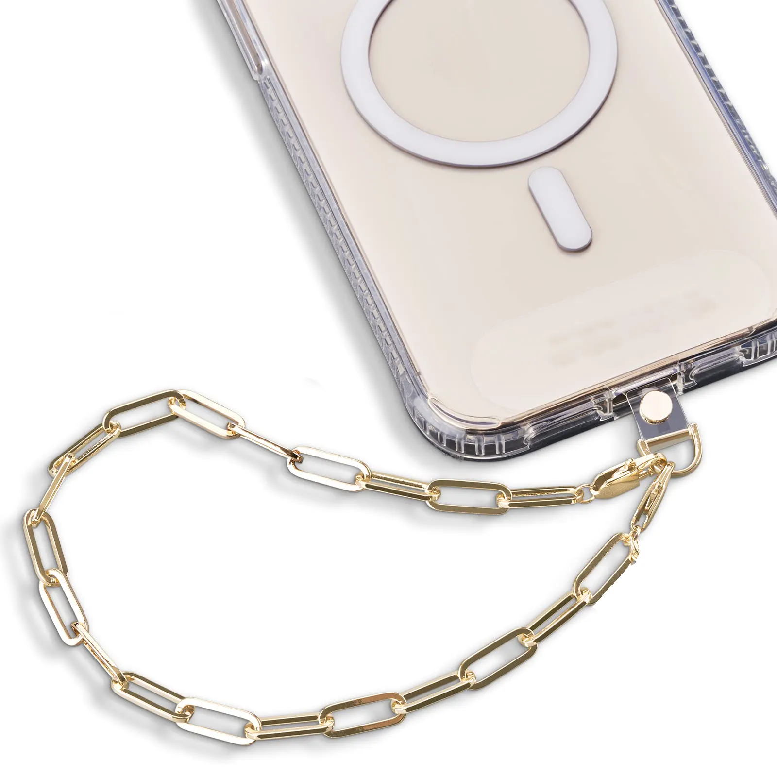 Acessório elegante e elegante com alça de pulso para celular, cordão removível com corrente de metal dourado