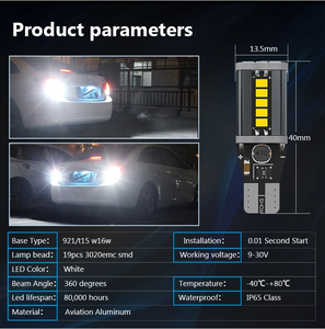 Araba LED ampul W16W T15 921 araba işık Vehicle emc 19SMD Canbus araç yedekleme ters arka sinyal gösterge lambası için LED sarı işık - Product Image 5