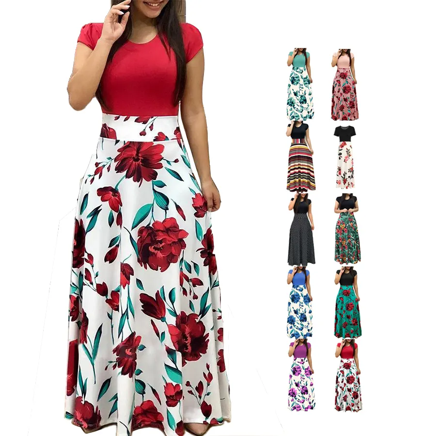 Hot venda por atacado de impressão floral vestidos de mulheres baratos casual mulheres vestido de verão