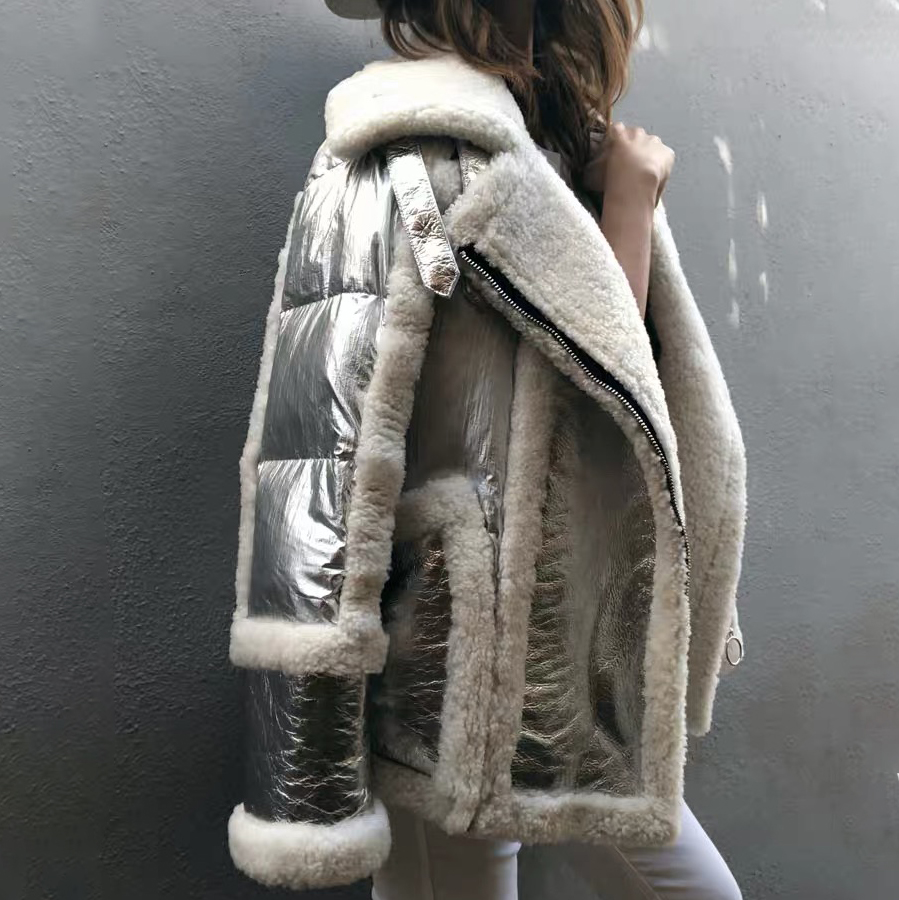 2021 new winter coat women real fur coat sliver Genuine Leather Sheep Double-faced Fur jacket white duck down Motorcycle jacket