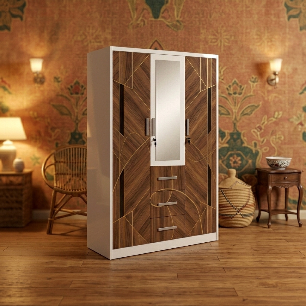 Armoire de chambre à coucher en métal avec motif abstrait de grain de bois