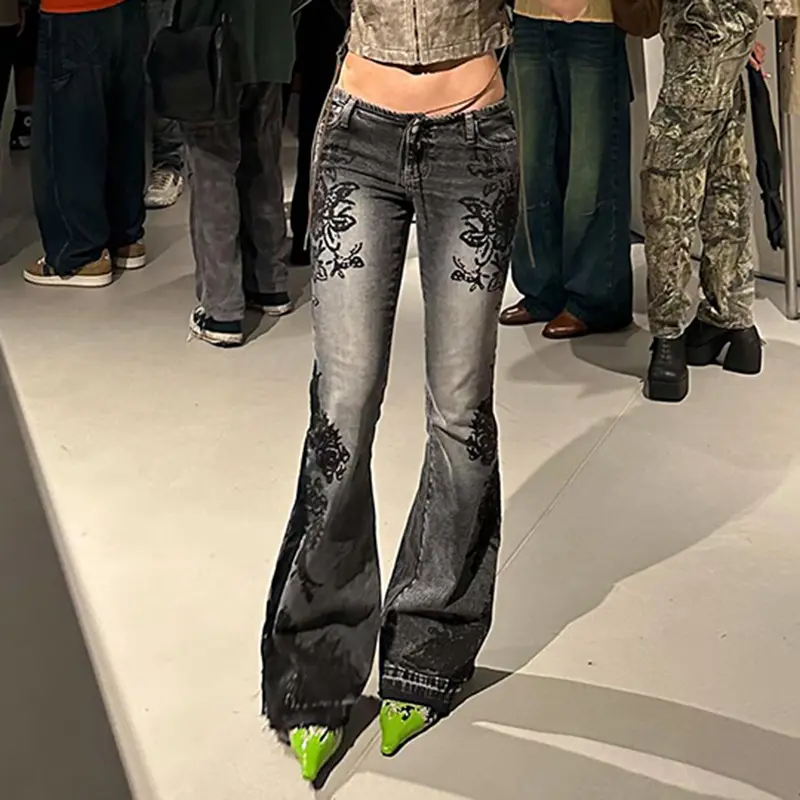 Xinen Dames Print Bootcut Jeans Lage Taille Elastische Afslankbroek Dames Streetwear Uitlopende Jeans