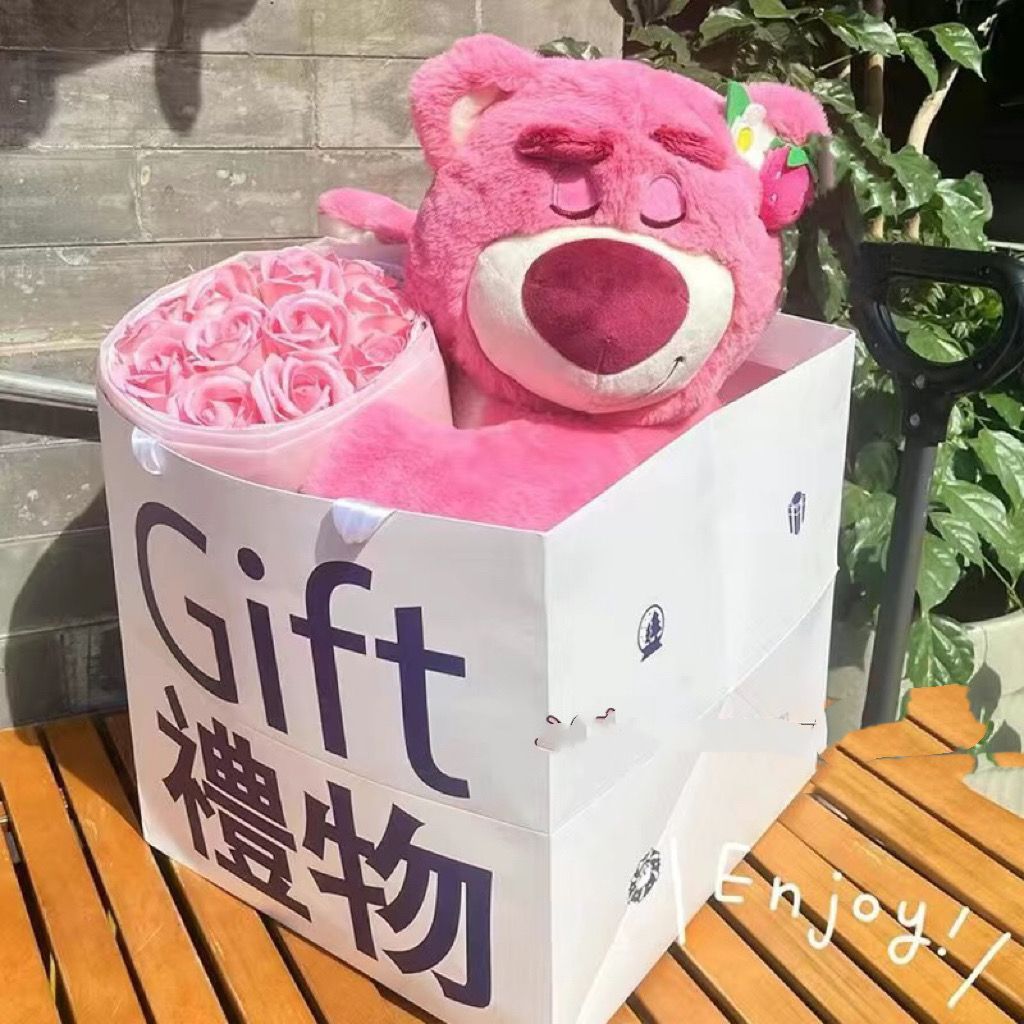 Borsa regalo 50 cm orsetto fragola 11 pezzi rosa con luce