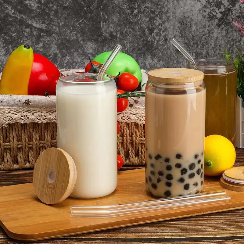 350ml/500ml/600ml Custom Soda Iced Coffee Drink Beer Glass Can Cup with Bamboo Lids and Straw