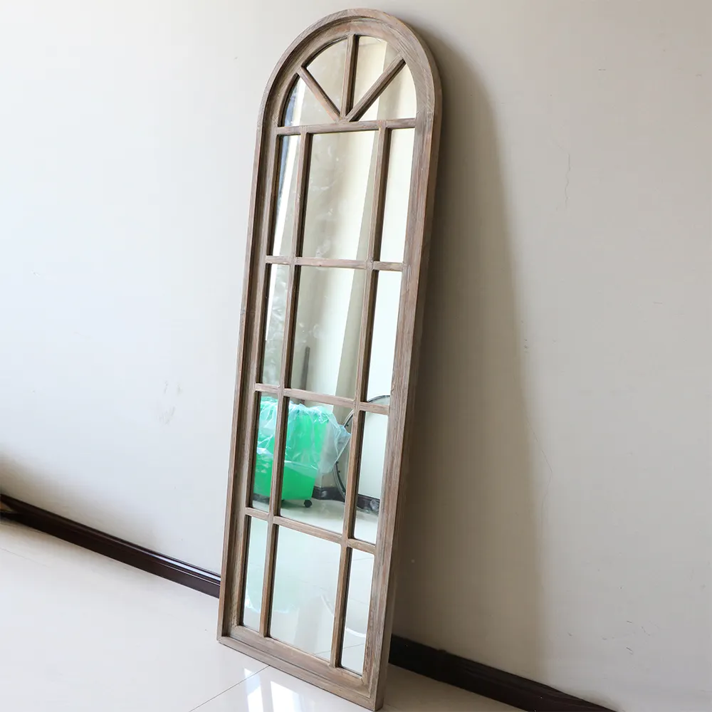 Flur handgemacht Distressed großen Bogen geformt Holz Holz Fenster Stil Spiegel voller Länge Rahmen Boden Steh spiegel Espejo