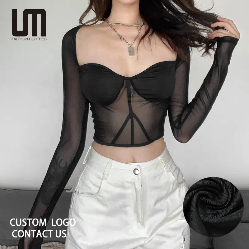 Li明秋のファッション女性セクシーな新着ブラックメッシュ透明レディクロップトップスTシャツ