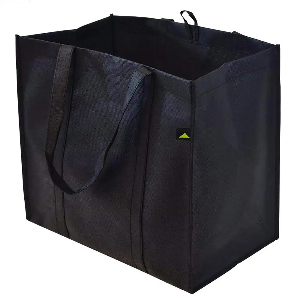 Logotipo personalizado Juego de 10 bolsas de comestibles reutilizables Bolsa negra no tejida Bolsas de compras grandes con asas reforzadas