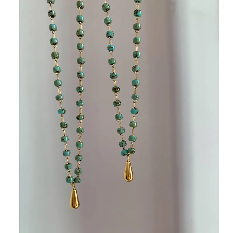 Collar de acero inoxidable con cuentas de cristal verde, collares con colgante de gota de agua que no se deslustran, joyería hecha a mano Vintage delicada para mujer