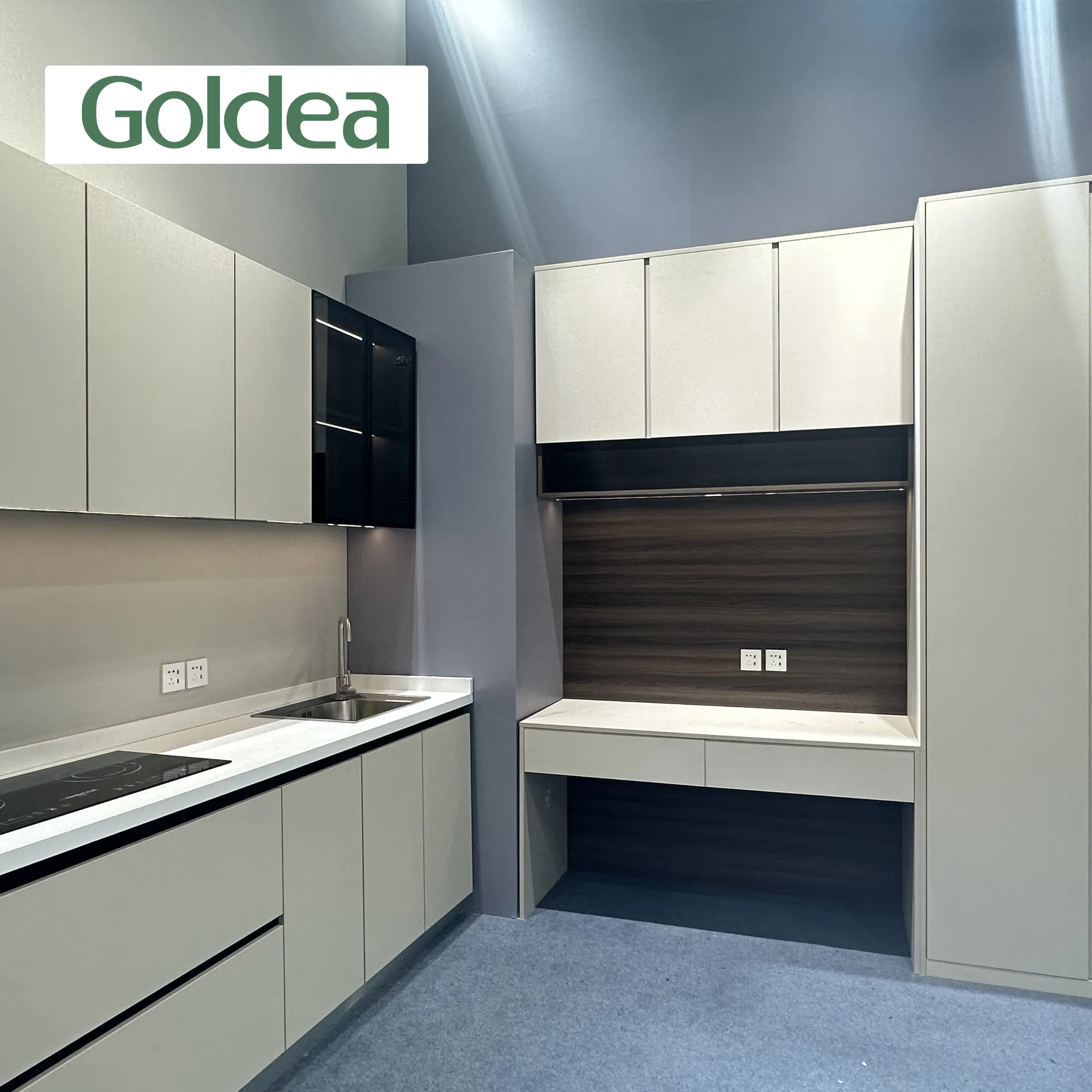 2023 nueva llegada gabinetes de cocina de estilo moderno en forma de L de PVC con encimera de cerámica