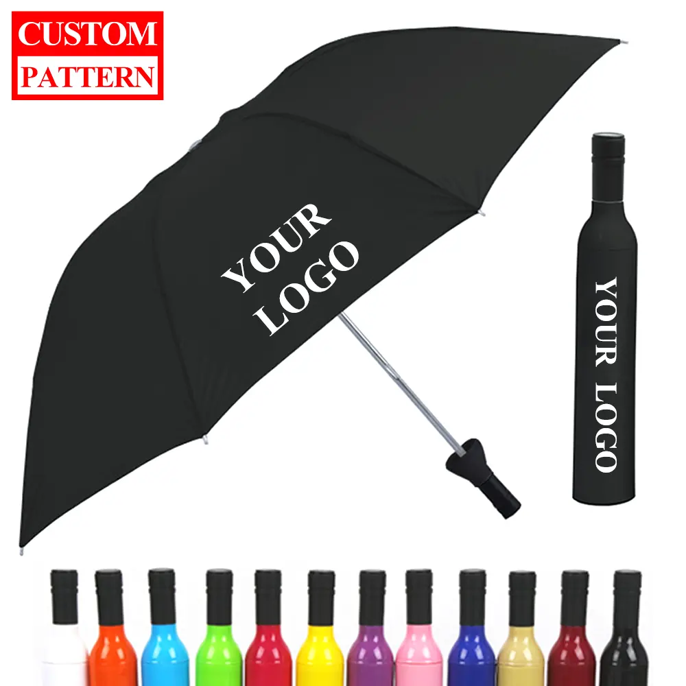 Impression personnelle de publicité cadeau d'affaires Promotion voyage pluvieux 3 parapluie pliant Logo personnalisé pliable bouteille de vin parapluies