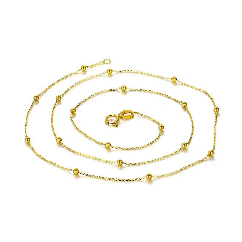 Joyería profesional chapada en oro sólido de 18k, collar de cadena de bolas finas con cuentas de rosario