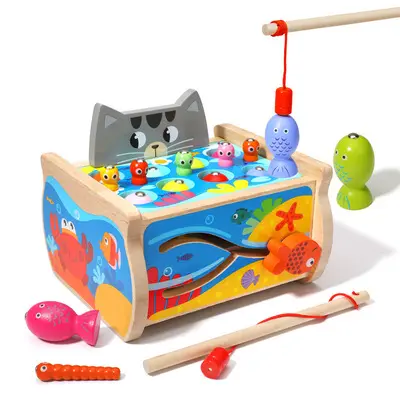 Children wooden magnetic fish tank fishing toy baby jigsaw early education puzzle catch bug catch parent-child interaction
