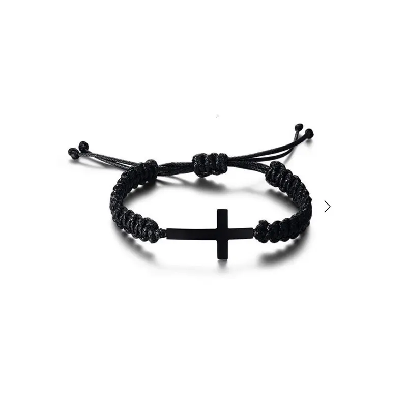 Amizade Presente Casais Ajustável Preto Sideways Cross Cord Pulseira Bonito Pulseira Corda Trançada Com Cruz