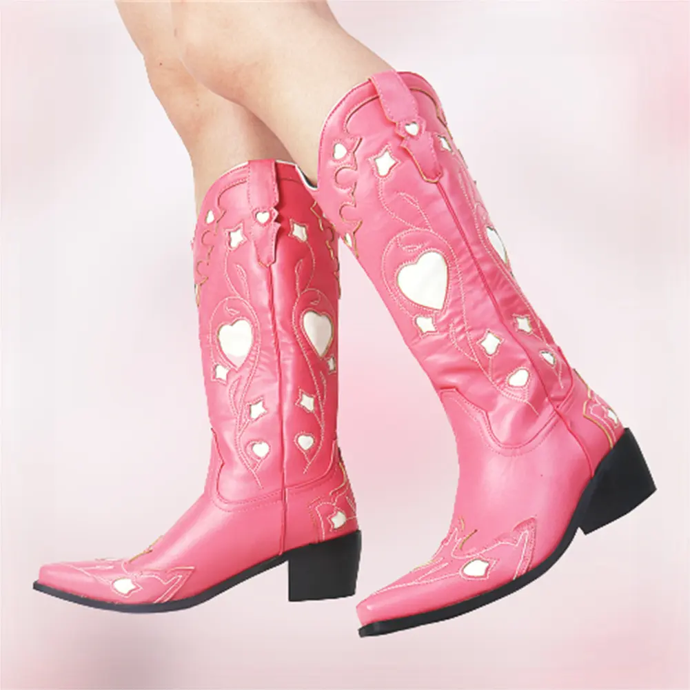 व्यस्त लड़की XY4819 गुलाबी चरवाहे जूते सफेद दिल Cowgirl जूते महिलाओं के लिए 2023 फैशन पश्चिमी महिलाओं के जूते Bota देश