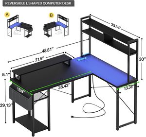 Combohome电脑桌l形转角书桌，带显示器支架游戏桌，带搁板 - Product Image 2