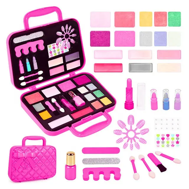 AKIA Pretend Toys caja de esmalte de maquillaje de uñas para niños Kit de lápiz labial para niñas juegos de estuches de cosméticos para niños brillo de labios maquillaje