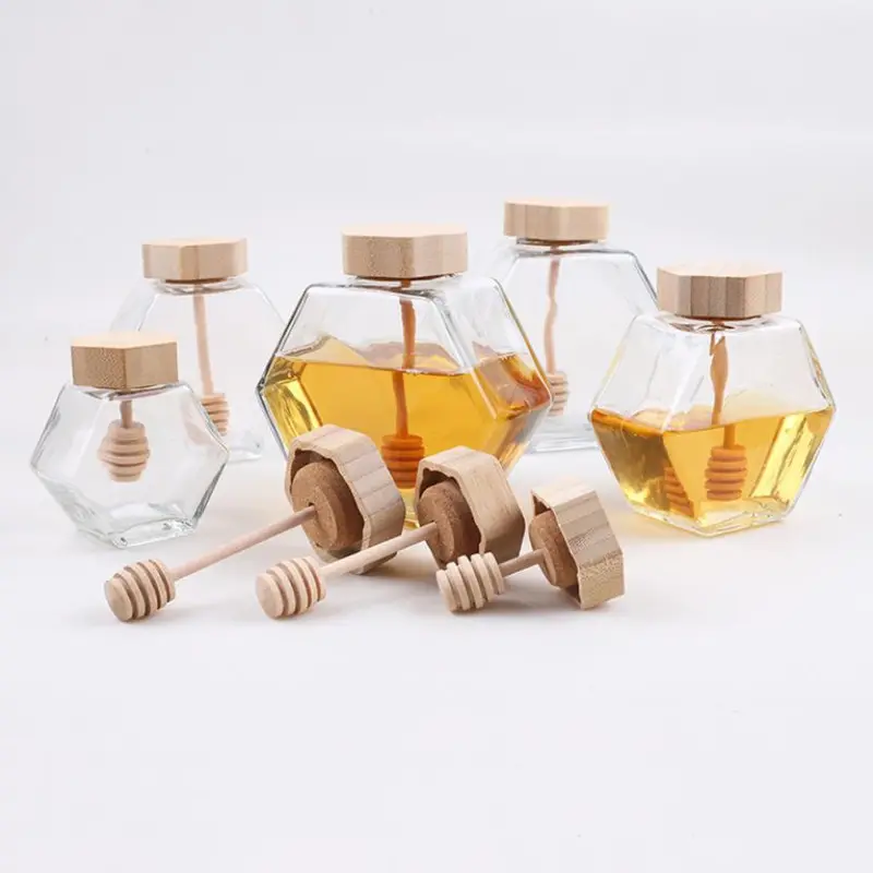 100ml 220ml 380ml Bambus abdeckung Leeres Sechseck Natürliches Royal Honey Jar Glas Honig behälter Mit Schöpf löffel